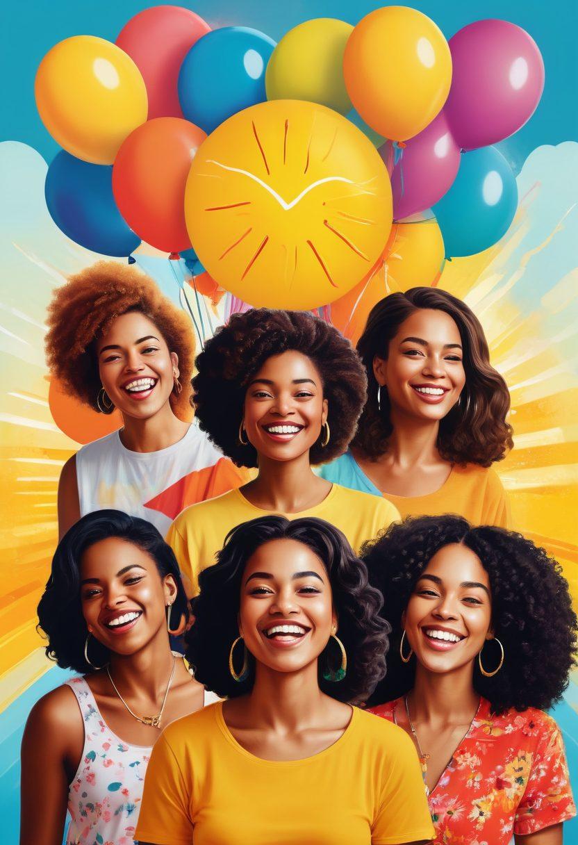 A vibrant collage of diverse women radiating positivity, each showcasing their unique talents and joyful expressions. Include symbols of empowerment such as flowers, colorful balloons, and sun rays in the background, capturing the essence of unity and strength. The overall mood should be uplifting and celebratory. bright colors. vector art.
