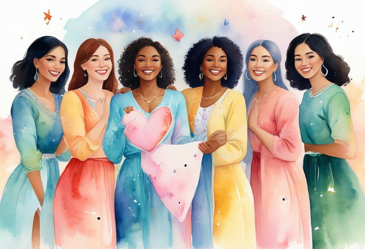 A diverse group of fabulous women standing together in a circle, emanating joy and positivity. Each woman representing different cultures, dressed in vibrant outfits, with warm smiles and supportive gestures. In the background, soft pastel colors symbolize an uplifting atmosphere. Include floating heart and star motifs to enhance the feeling of support and empowerment. watercolor painting. vibrant colors.
