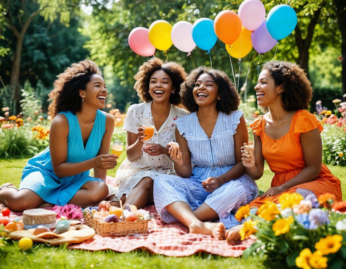 A vibrant scene featuring diverse women of various ethnicities laughing and enjoying a sunny picnic in a blooming garden. They are surrounded by colorful flowers, playful butterflies, and bright balloons, symbolizing joy and friendship. The atmosphere is filled with warmth and celebration, embodying the essence of camaraderie and happiness. bright colors. super-realistic. soft focus.